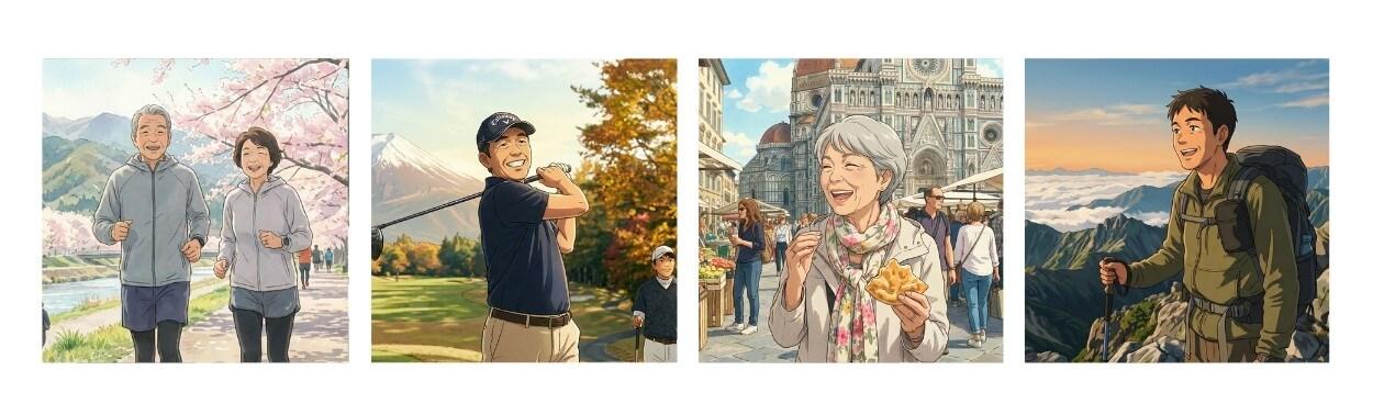 ランニング、旅行、ゴルフ、登山を楽しんでいる人達